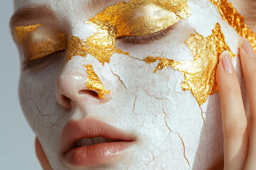 A woman showcases her artistic makeup featuring gold foil accents on a white textured base, highlighting creativity and elegance under studio lighting