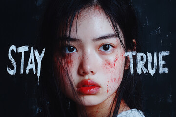 A young woman stares intently with a fierce expression, her face featuring artistic paint stains. The dark background highlights her captivating features and mood