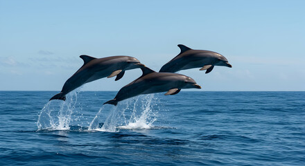 Fototapeta premium Dolphins leaping gracefully over calm ocean water in sunlight