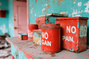 Several weathered red containers with phrases No Gain and No Pain sit on a dusty, colorful shelf in a forgotten, deteriorating space with peeling walls