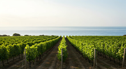 Vineyard Landscape Overlooking Calm Ocean at Sunset in Summer