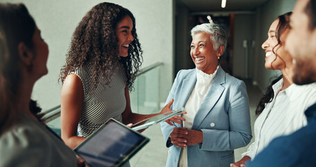 Tablet, team and laughing with business people in office for consulting, feedback and project...