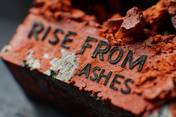 A close-up view of a textured red brick featuring the motivational phrase rise from ashes. The brick displays weathered surfaces and intricate details against a gray backdrop