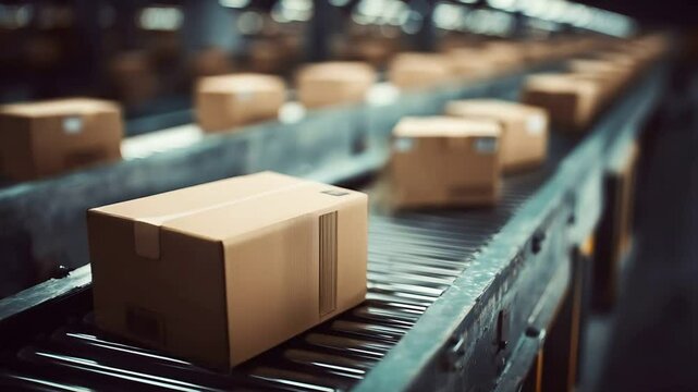 Brown Cardboard Boxes on Conveyor Belt in Warehouse