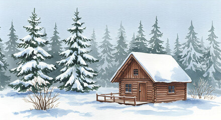 Cozy Log Cabin Surrounded by Snowy Pine Trees in Winter Landscape