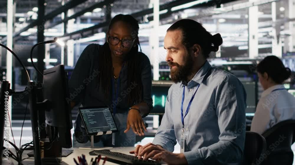 Poster teamworking system administrators in data center integrating ai automation during maintenance sessio