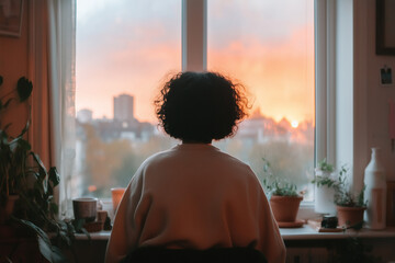 A person with curly hair sits facing a large window, admiring a vibrant sunset over the city. The room is filled with greenery and soft lighting