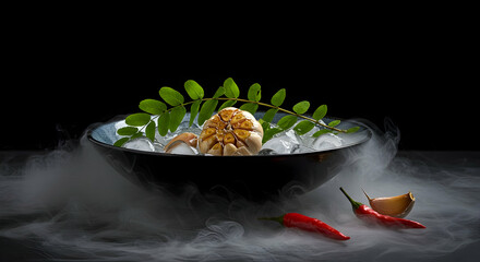 Smoky Culinary Scene with Garlic, Chili, and Culinary Greens