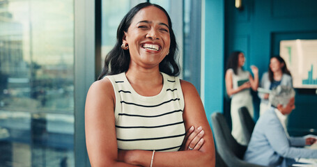 Office, businesswoman and pride with laugh for meeting, investment growth or financial advisor....