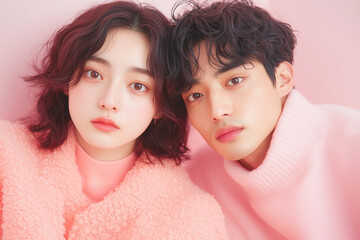 Two individuals sit closely together, showcasing soft pink clothing against a gentle pastel background, highlighting their serene expressions and trendy style