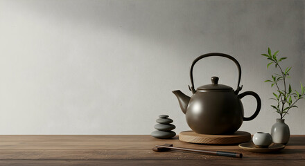 Serene Teapot with Natural Elements on Wooden Surface in Soft Light