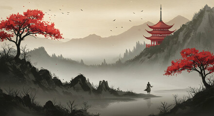Serene Mountain Landscape with Traditional Pagoda and Red Foliage