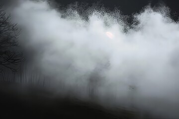 Obraz premium Monochromatic landscape view of trees fading into heavy fog, with a dim light source visible through the mist.