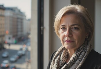 Confident woman standing by a window, gazing thoughtfully at the city