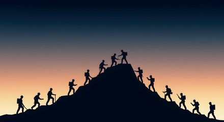 Fototapeta premium Silhouette of Group of Climbers Ascending Mountain Peak at Dawn with Vibrant Sky Colors