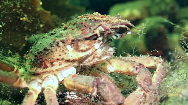 In the frigid waters beneath Arctic ice, a spider crab navigates through vibrant seaweed, skillfully foraging for food. The tranquil environment of the White Sea showcases nature's captivating beauty.