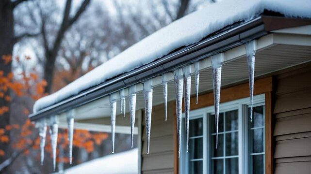 Snow melting on the roof creates an ice dam in the gutter.