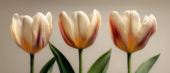 Fototapeta premium Delicate trio of pastel pink and cream tulip blooms gracefully arranged on a smooth beige background, capturing serene springtime floral elegance