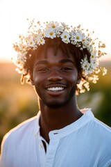 Golden hour in sunset. Symbol of a happy sunny days. Handsome black young man wearing white flower circlet on his head. Boho-inspired floral wreath on man. Handsome man with floral headpiece.