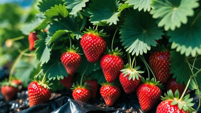Close-up of red strawberries on the plant. Collecting large, ripe organic fruits from the garden. A video illustrating themes.