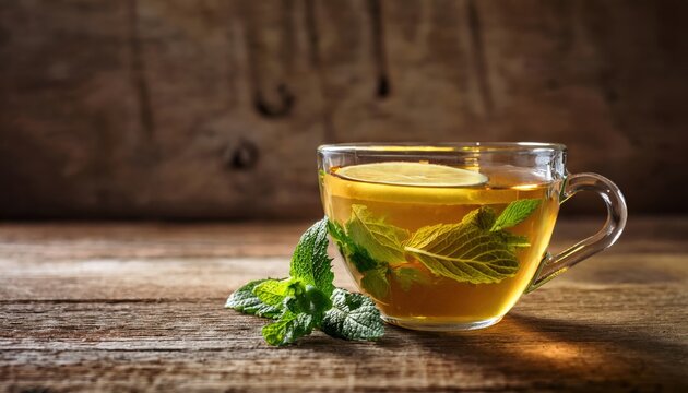 A glass cup of herbal tea with lemon and mint leaves sits on a rustic wooden table.