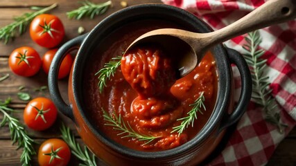 Pot of homemade tomato sauce and spoon placed on the table