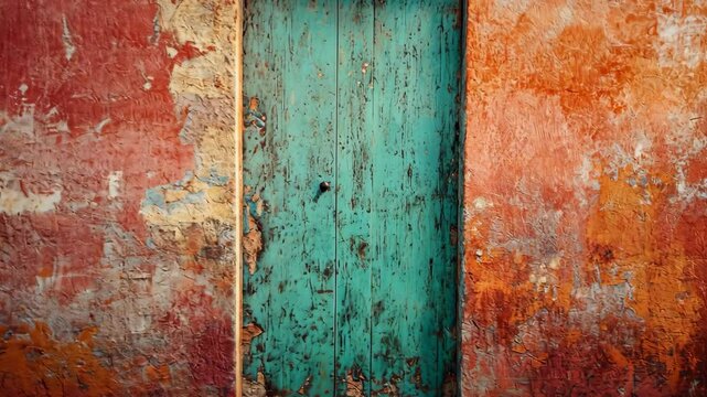Weathered teal door set in a vibrant, textured, red and orange wall