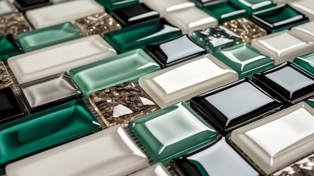 Modern subway tile design incorporating glass and marble elements in neutral tones.