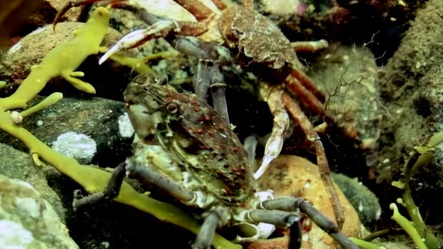 In chilly depths of White Sea, giant spider crab explores vibrant seaweed, skillfully scavenging for food amid intriguing rock formations. Witness this unique Arctic marine ecosystem in action.