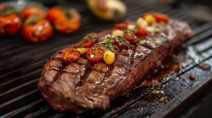 Grilled steak topped with cherry tomatoes and herbs.
