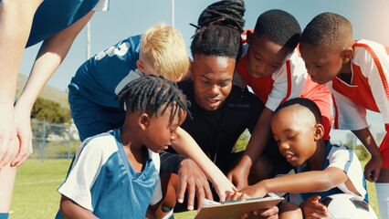 Soccer, children and coach with clipboard for team, training and formation on field. Man, football group and planning game for strategy, discussion and exercise for tournament or goal practice