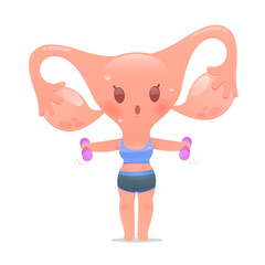 Uterus cartoon in sportswear exercises by lifting a dumbbell. Cute healthy strong. Vector flat character illustration design