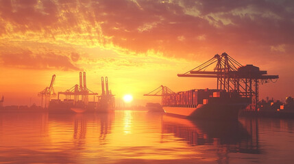 Vibrant sunrise at a bustling industrial port with cargo ships and cranes