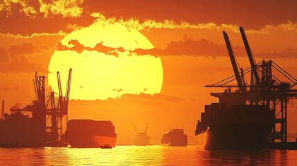 Stunning sunset over a vibrant port landscape filled with cargo ships