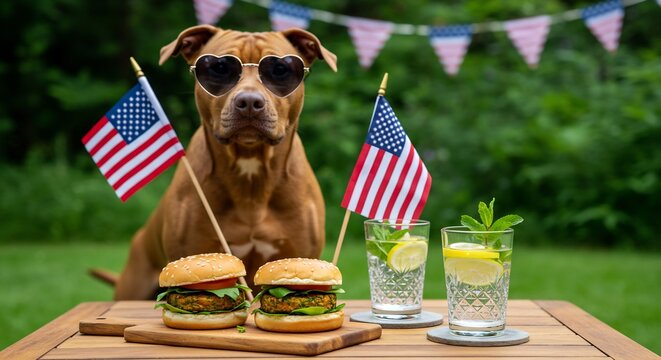 Patriotic Pup Celebrates Independence Day with Vegan Burgers and Refreshing Drinks in Backyard Setting