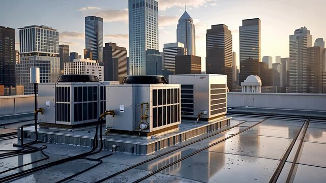 Rooftop Air Conditioning Units on Modern Urban Skyscraper Overlooking City Skyline at Sunset