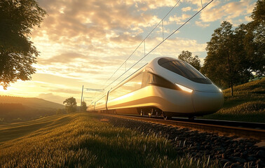 Modern high-speed train journeying through picturesque countryside at sunset