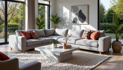 Obraz premium Modern living room with sleek sectional sofa, stylish decor, and natural light