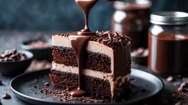 Pouring chocolate sauce on a delicious fresh cake in close-up.