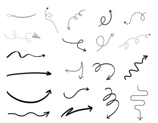 Diverse collection of hand-drawn arrows and wavy lines, rendered in black