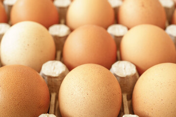 Brown chicken eggs in a cardboard tray on a rustic wood background for farm and food concepts and healthy eating or cooking recipes and ingredients advertising.