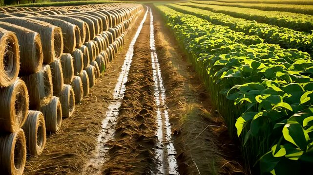 Agricultural Field with Hay Bales and Green Crops in Parallel Rows Under Bright Sunny Sky