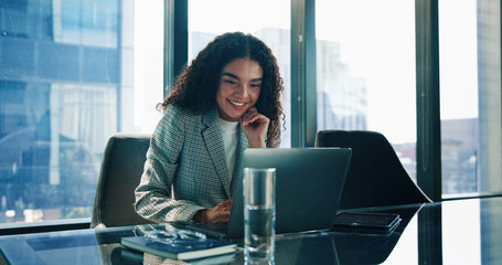 Business woman, thinking and laptop in office for public relations, press release and journalist...