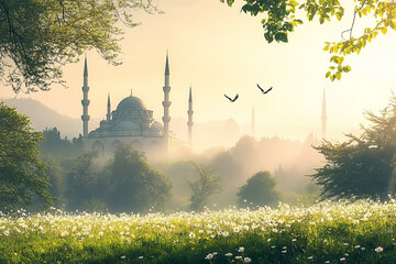 Serene Mosque Vista: A Tranquil Dawn View Amidst Lush Greenery and Soft Mist