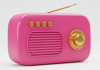 Fototapeta premium 3D Illustration of Pink retro radio with golden details isolated on white background