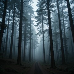 Obraz premium Misty Forest Path A Serene and Mysterious Journey Through Tall Trees