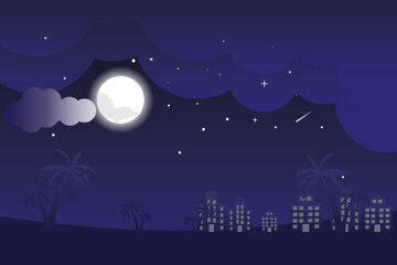 Night sky background. Night city landscape. Stars, moon in night sky background. Moonlight night sky. Dark blue space background with stars. Universe background design. Wallpaper, template design. 