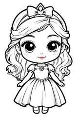 Fototapeta premium A black and white cartoon illustration of a smiling little girl with long wavy hair and a bow isolated on transparent background