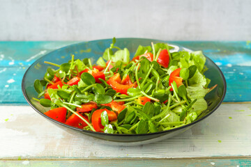 Fresh vegetable salad with micro greens and red pepper in a transparent bowl. Concept of healthy nutrition using for cookbook or food blog.