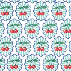 Red cherry in the frame seamless pattern. Summer fruit wallpaper.
